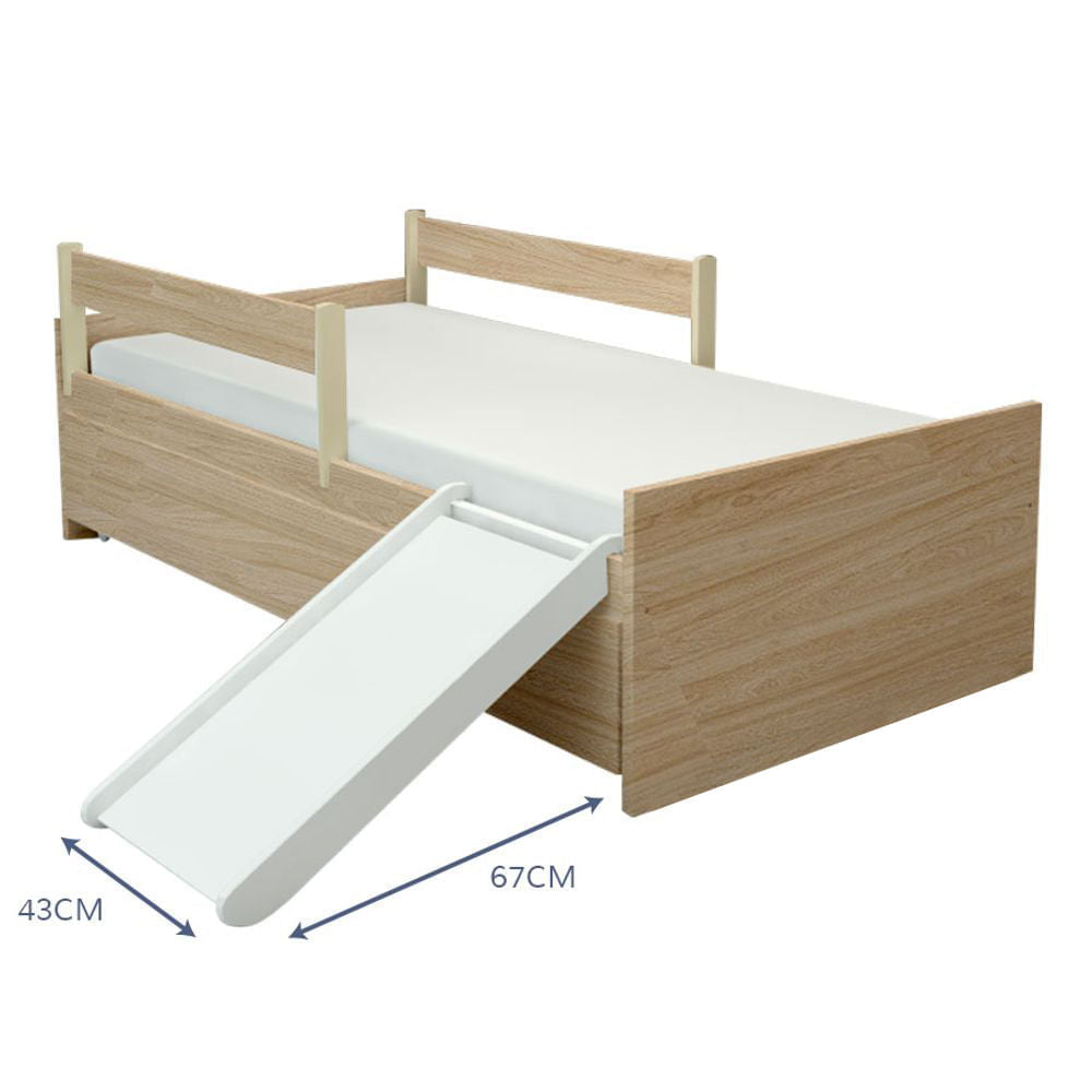 Cama Up 2 em 1 com Cama Auxiliar Carvalho e Escorregador Branco