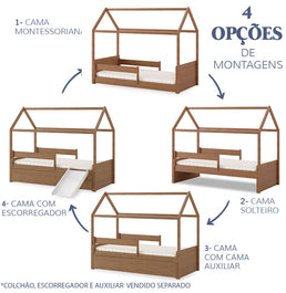 Cama Com Casinha Up 2 em 1 Com Cama Auxiliar - Freijó