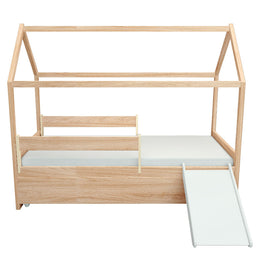 Cama com Casinha Up 2 em 1 com Cama Auxiliar Carvalho e Escorregador Branco