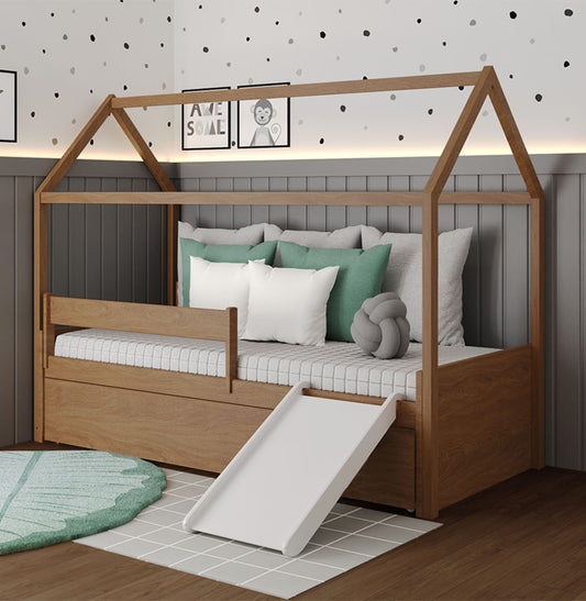 Cama Com Casinha Up 2 em 1 Com Cama Auxiliar e Escorregador - Freijó