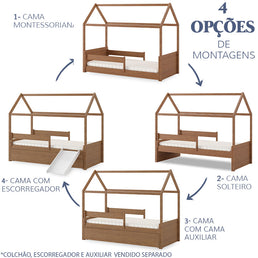 Cama Com Casinha Up 2 em 1 Com Cama Auxiliar e Escorregador - Freijó