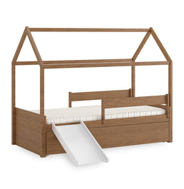 Cama Com Casinha Up 2 em 1 Com Cama Auxiliar e Escorregador - Freijó