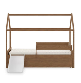 Cama Com Casinha Up 2 em 1 Com Cama Auxiliar e Escorregador - Freijó