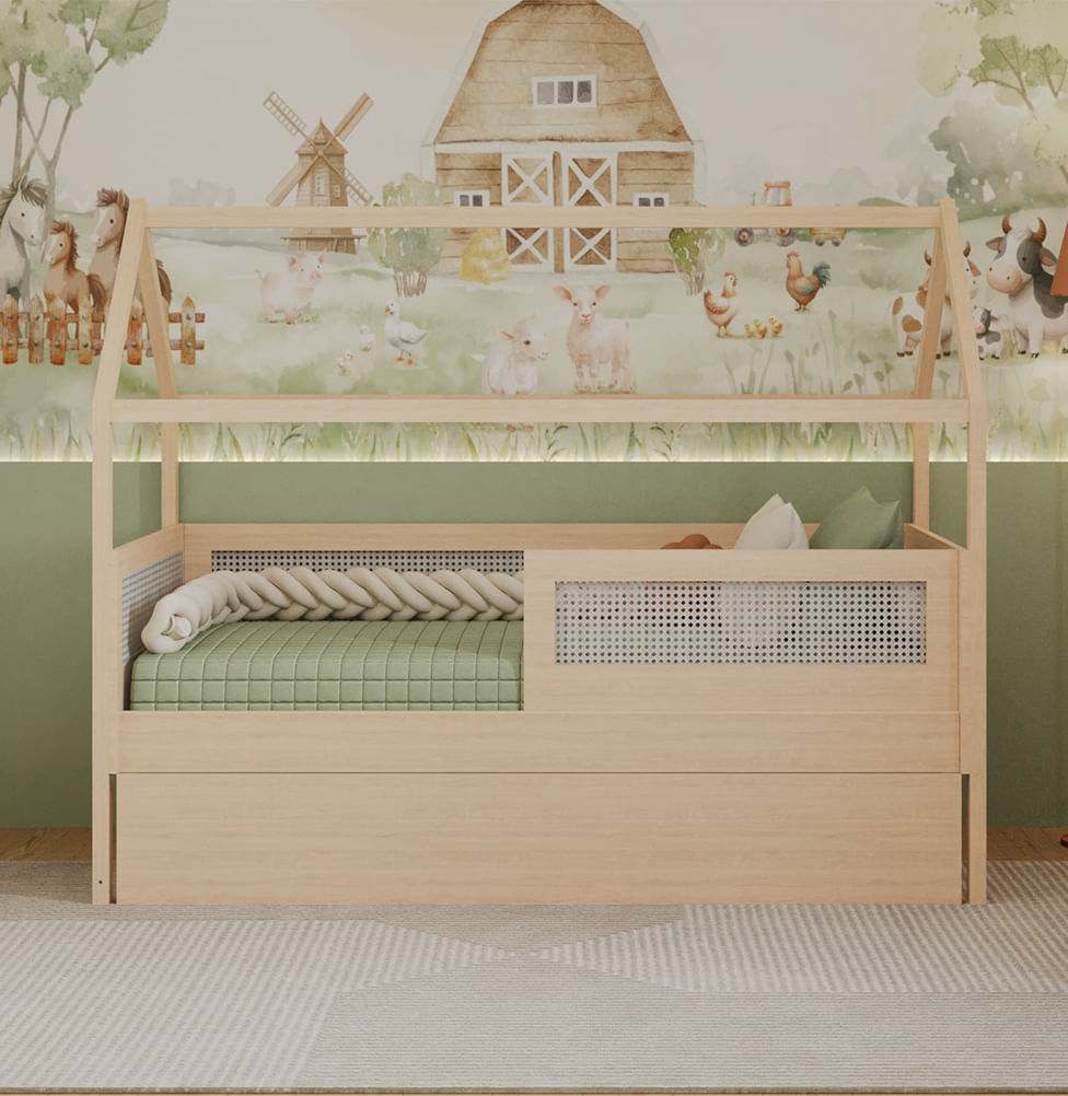Combo Cama Sofá Haus Nature Casinha com Palha 2 em 1 com Cama Auxiliar Carvalho