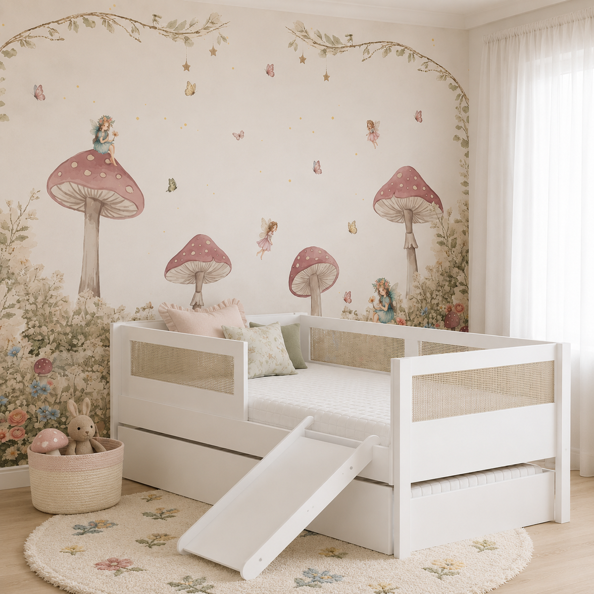 Combo Cama Sofá Haus Nature Com Palha 2 em 1 Com Cama Auxiliar e Escorregador - Branco