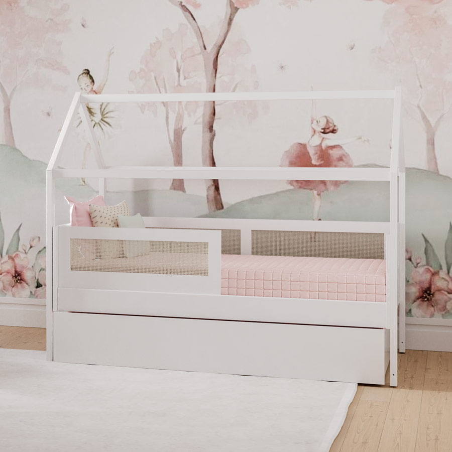Combo Cama Sofá Haus Nature Casinha Com Palha 2 em 1 Com Cama Auxiliar - Branco