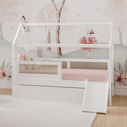 Combo Cama Sofá Haus Nature Casinha Com Palha 2 em 1 Com Cama Auxiliar e Escorregador - Branco