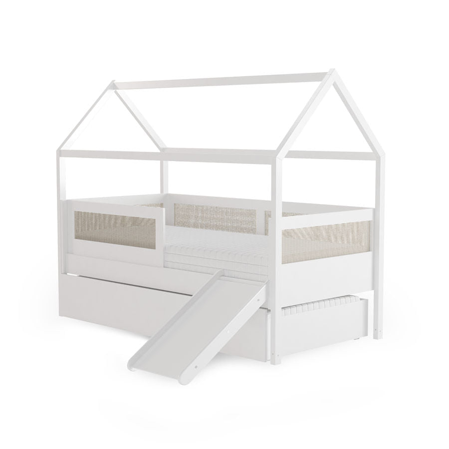 Combo Cama Sofá Haus Nature Casinha Com Palha 2 em 1 Com Cama Auxiliar e Escorregador - Branco