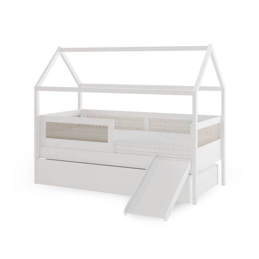 Combo Cama Sofá Haus Nature Casinha Com Palha 2 em 1 Com Cama Auxiliar e Escorregador - Branco