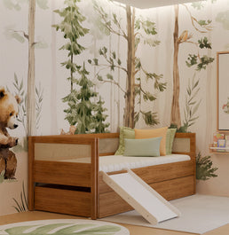 Combo Cama Sofá Haus Nature Com Palha 2 em 1 Com Cama Auxiliar e Escorregador - Freijó