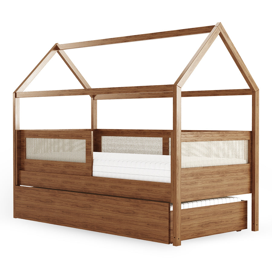 Combo Cama Sofá Haus Nature Casinha Com Palha 2 em 1 Com Cama Auxiliar - Freijó