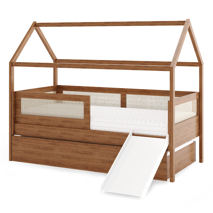 Combo Cama Sofá Haus Nature Casinha Com Palha 2 em 1 Com Cama Auxiliar e Escorregador - Freijó