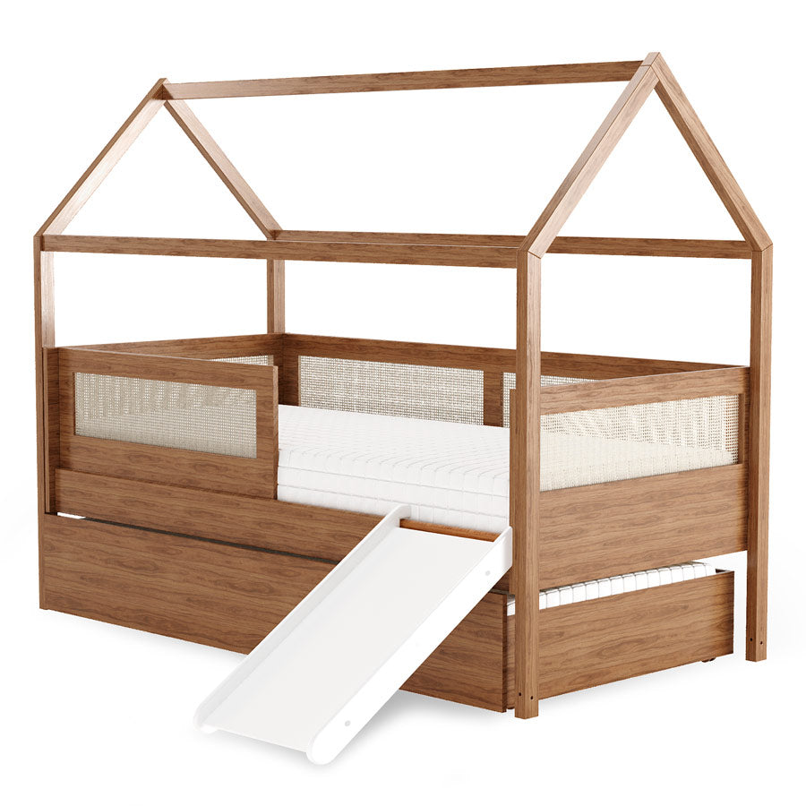 Combo Cama Sofá Haus Nature Casinha Com Palha 2 em 1 Com Cama Auxiliar e Escorregador - Freijó