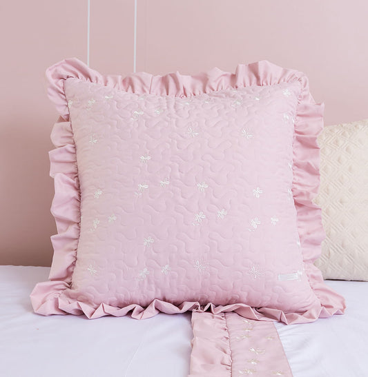 Capa Almofada Bordado Flores e Borboletas Rosa Nuvem - 50x50cm 