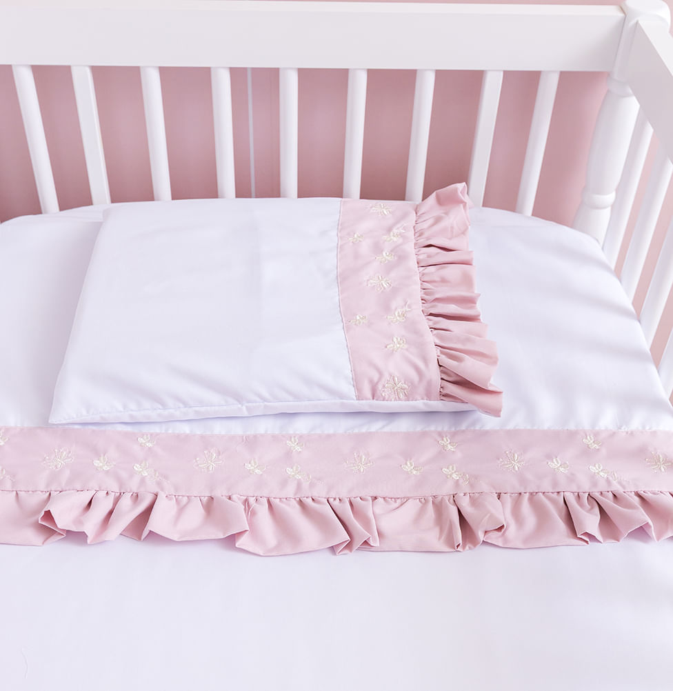 Lençol de Berço Bordado Flores e Borboletas 3 Peças - Rosa Nuvem