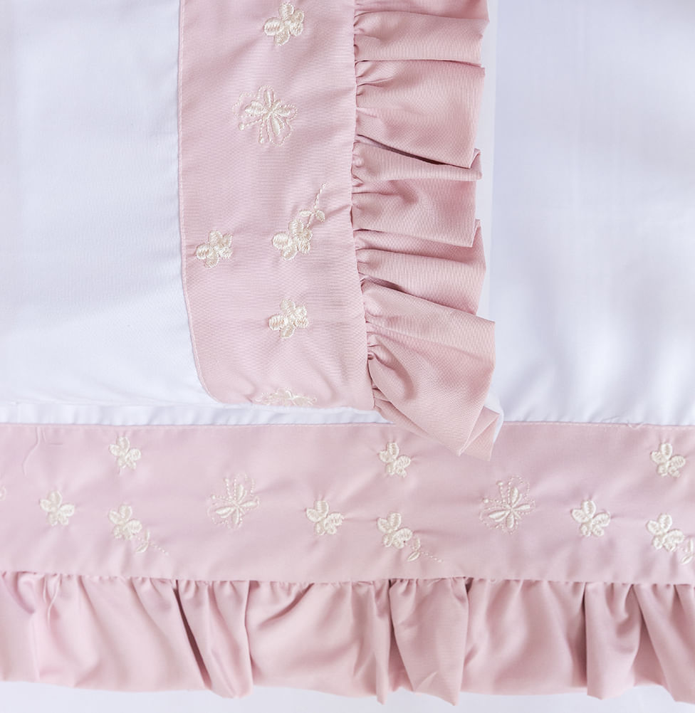 Lençol de Berço Bordado Flores e Borboletas 3 Peças - Rosa Nuvem
