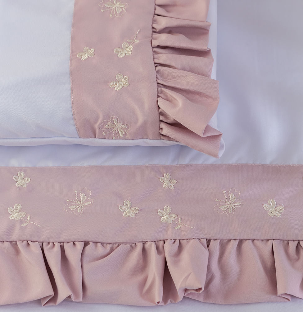 Lençol de Berço Bordado Flores e Borboletas 3 Peças - Rosa Nuvem