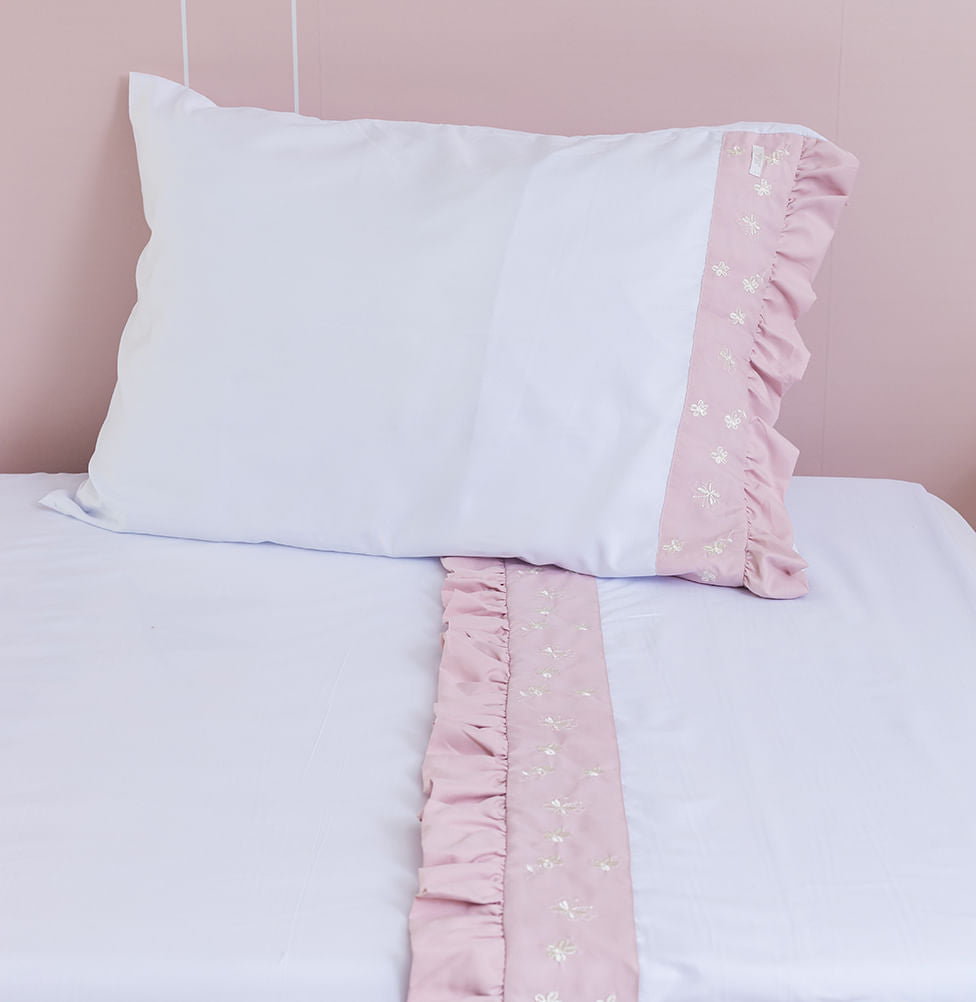 Lençol de Solteiro Flores e Borboletas 3 Peças - Rosa Nuvem