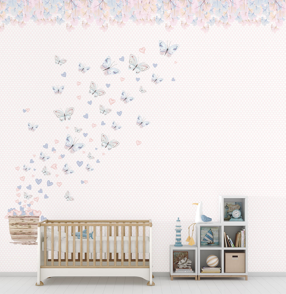 Papel de Parede Cola Infantil Borboleta Cinza Lado Esquerdo - Mural 3,50m x 2,70 - Bota Fora