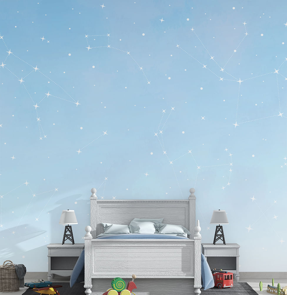 Papel de Parede Adesivo Infantil Constelação Aquarela Azul - Mural 4,0m x 2,70m - Bota Fora