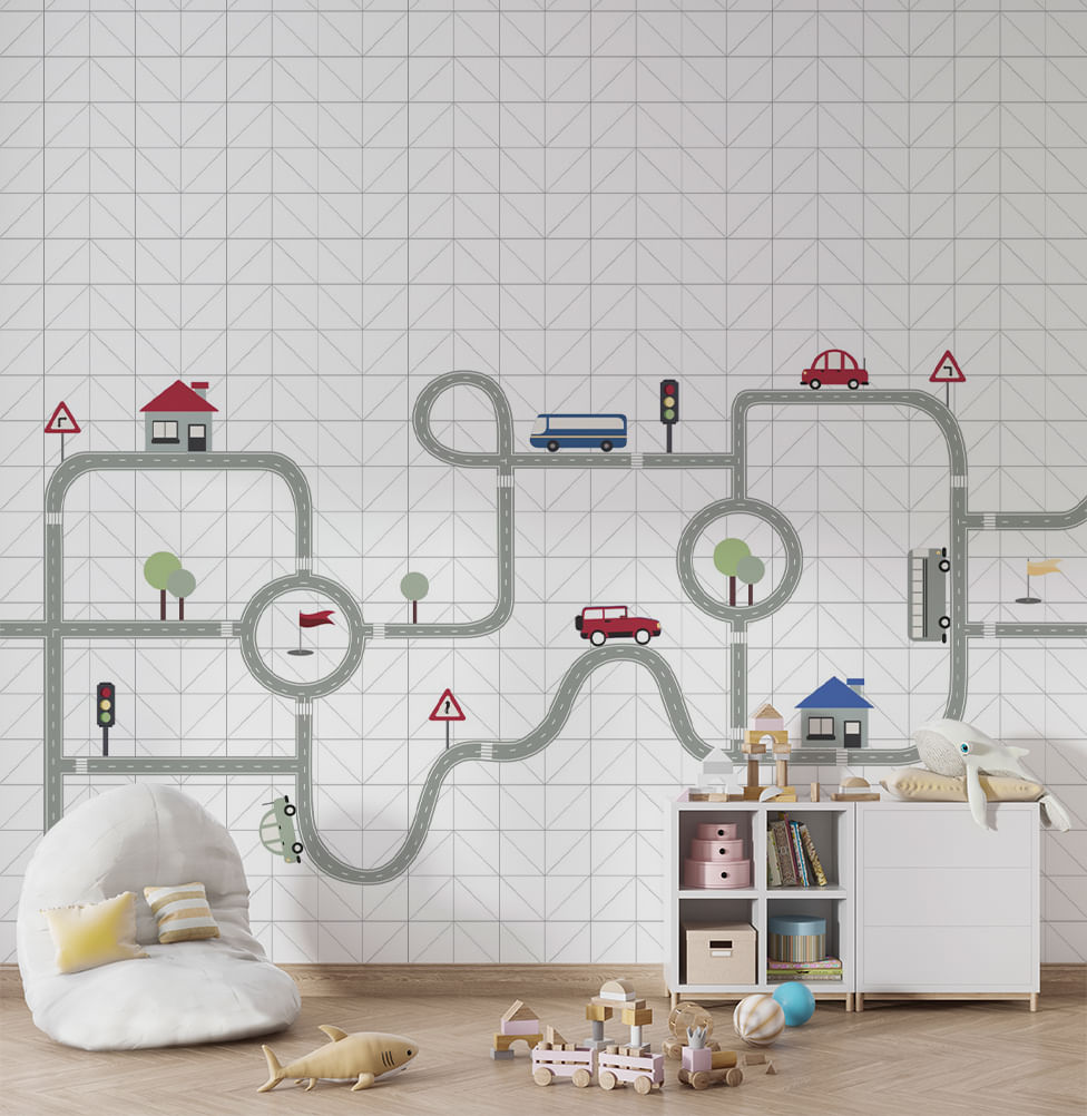 Papel de Parede Infantil Adesivo Pista - Mural 3,0m x 3,0m - Bota Fora