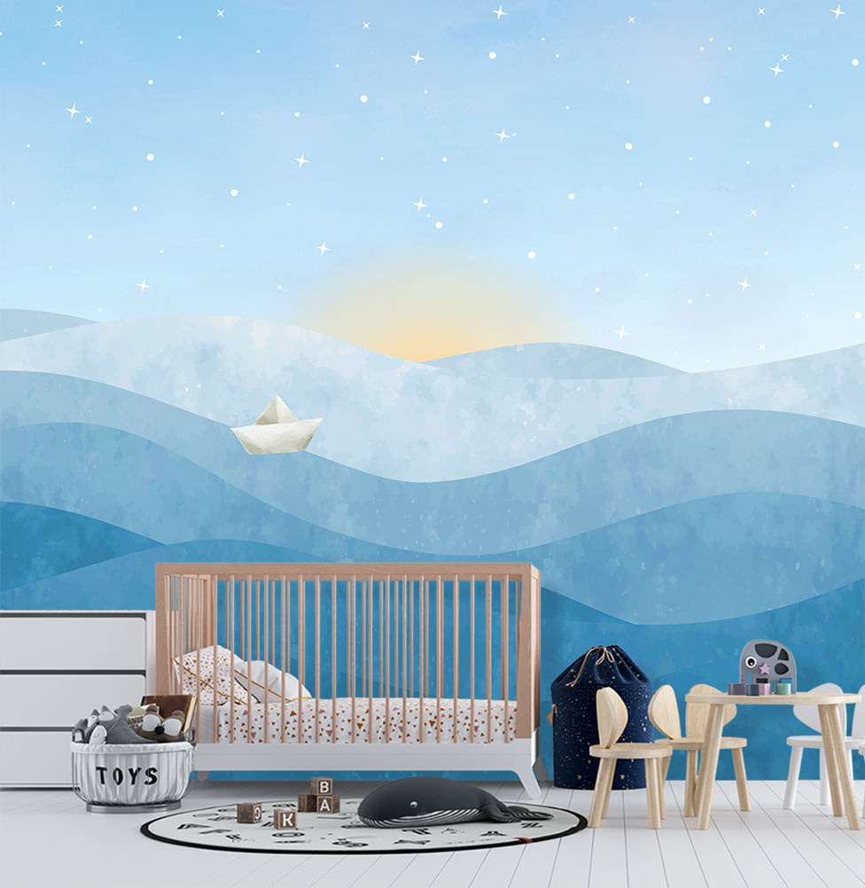 Papel de Parede Cola Infantil Barquinho de Papel Azul - Mural 3,0m x 2,70m - Bota Fora