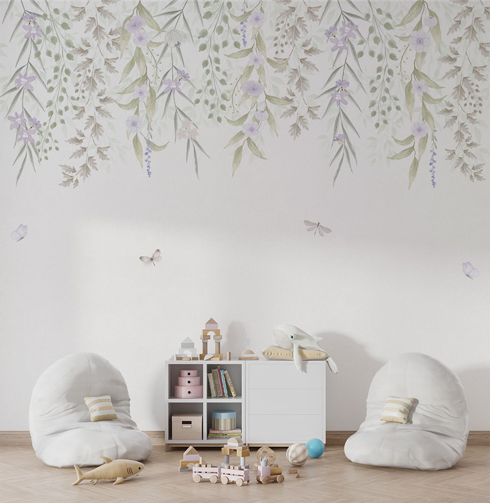 Papel de Parede Adesivo Infantil Jardim Suspenso Outono Lilás - Mural 3,0m x 2,70m - Bota Fora