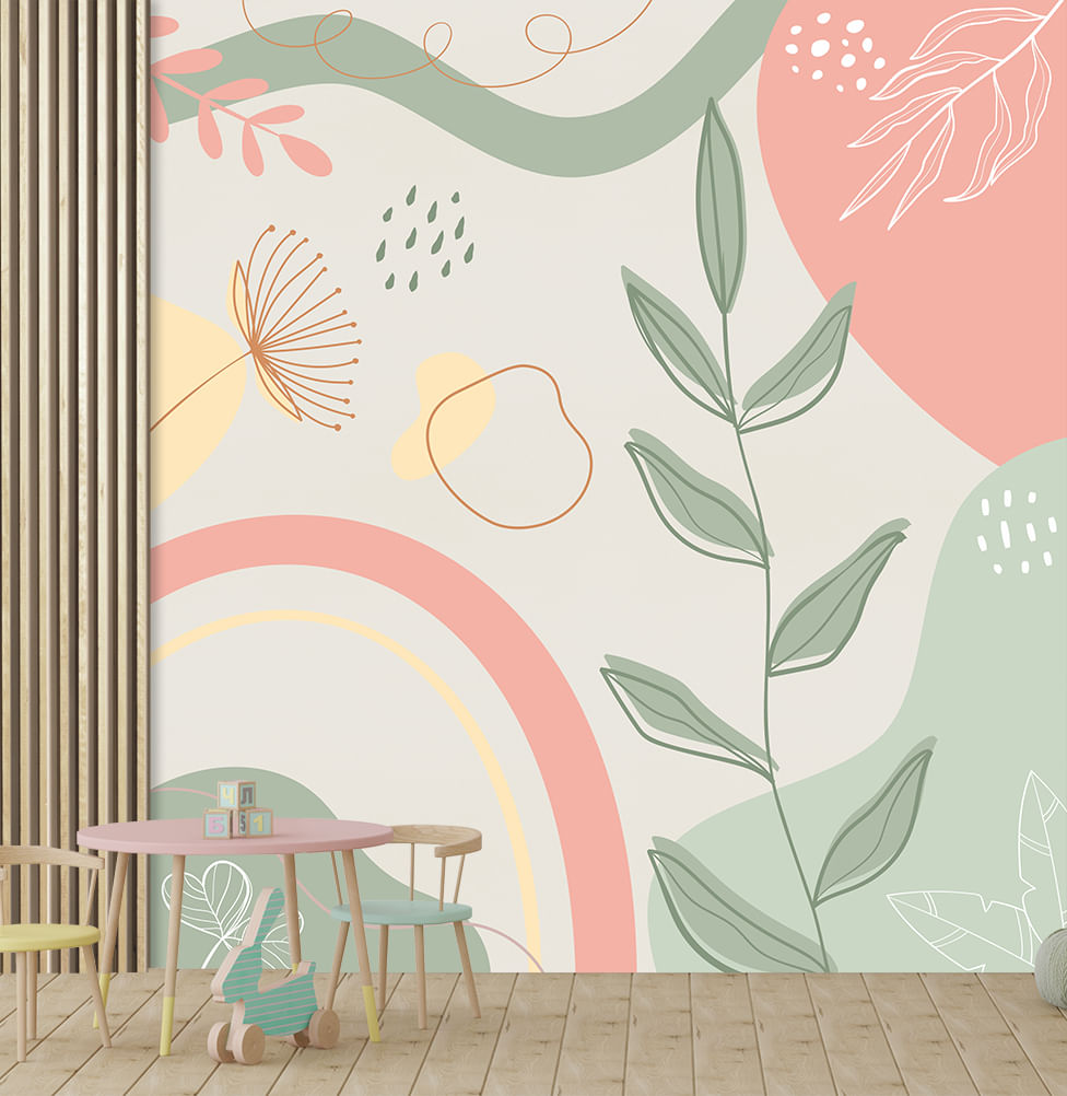 Papel de Parede Adesivo Infantil Abstrato Folhas Tons Terrosos - Mural 2,50m x 3,0m - Bota Fora 