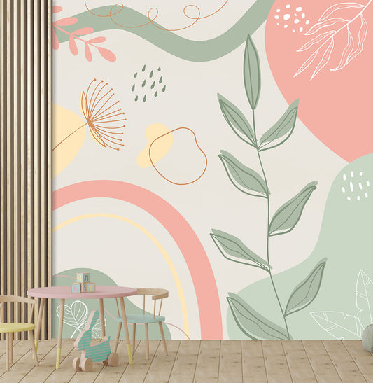 Papel de Parede Adesivo Infantil Abstrato Folhas Tons Terrosos - Mural 2,50m x 3,0m - Bota Fora 