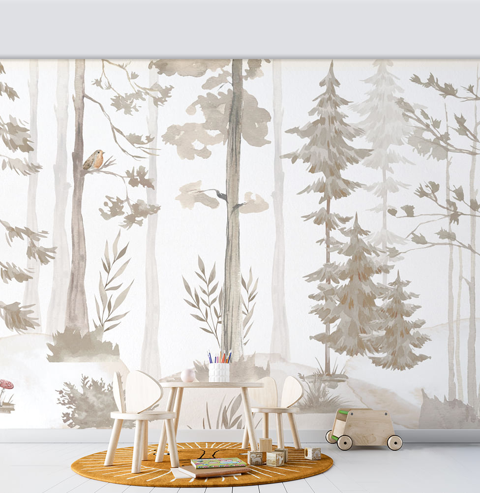 Papel de Parede Cola Infantil Árvores Aquarela Bege - Mural 4,0m x 2,70m - Bota Fora 