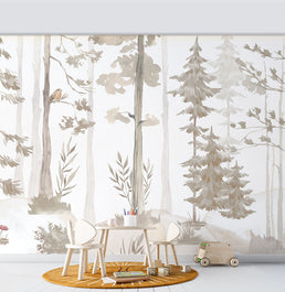 Papel de Parede Cola Infantil Árvores Aquarela Bege - Mural 4,0m x 2,70m - Bota Fora 