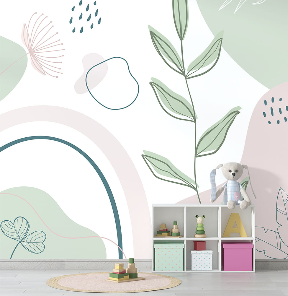 Papel de Parede Adesivo Infantil Abstrato Folha Rosa - Mural 2,50m X 2,70m - Bota Fora