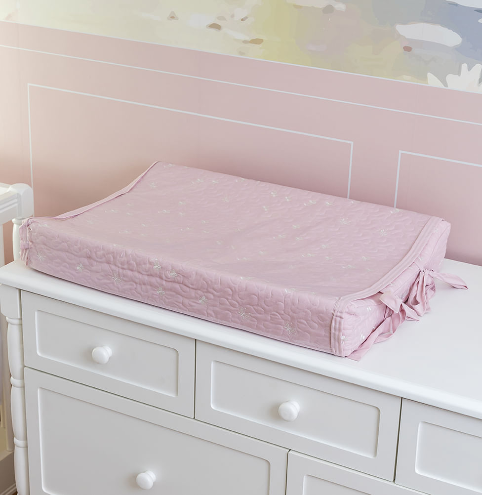 Trocador Bordado Flores e Borboletas - Rosa Nuvem