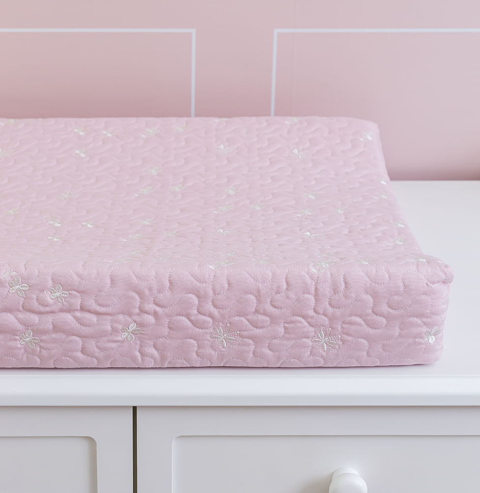 Trocador Bordado Flores e Borboletas - Rosa Nuvem