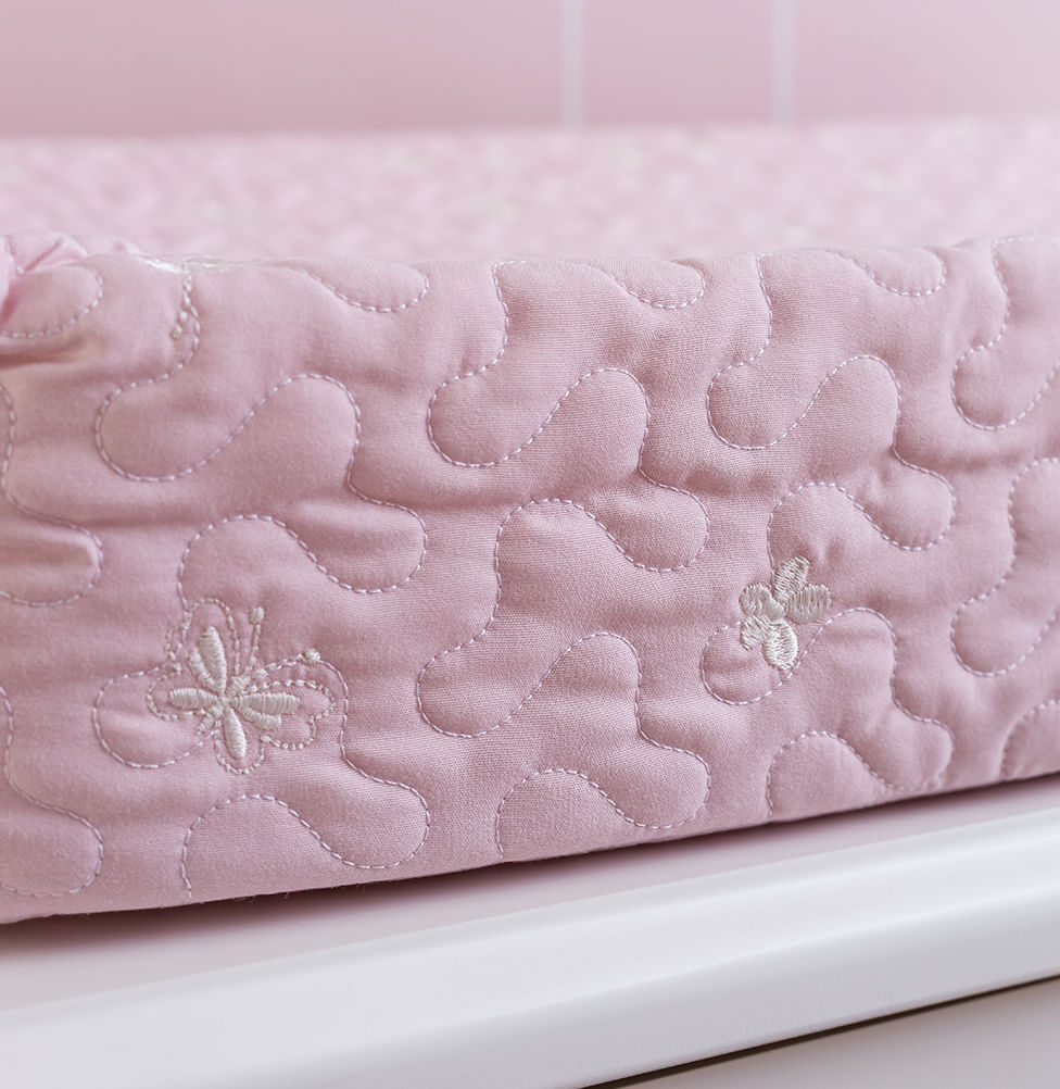 Trocador Bordado Flores e Borboletas - Rosa Nuvem