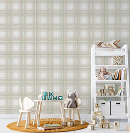 Papel de Parede Infantil Xadrez Classic Bege com Verde Menta