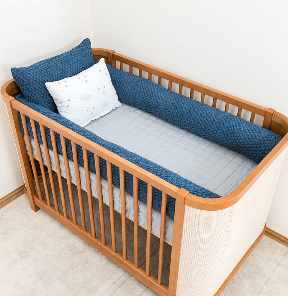 Kit Berço 5 Peças Colmeia Quadradinho com Bordado - Azul Jeans