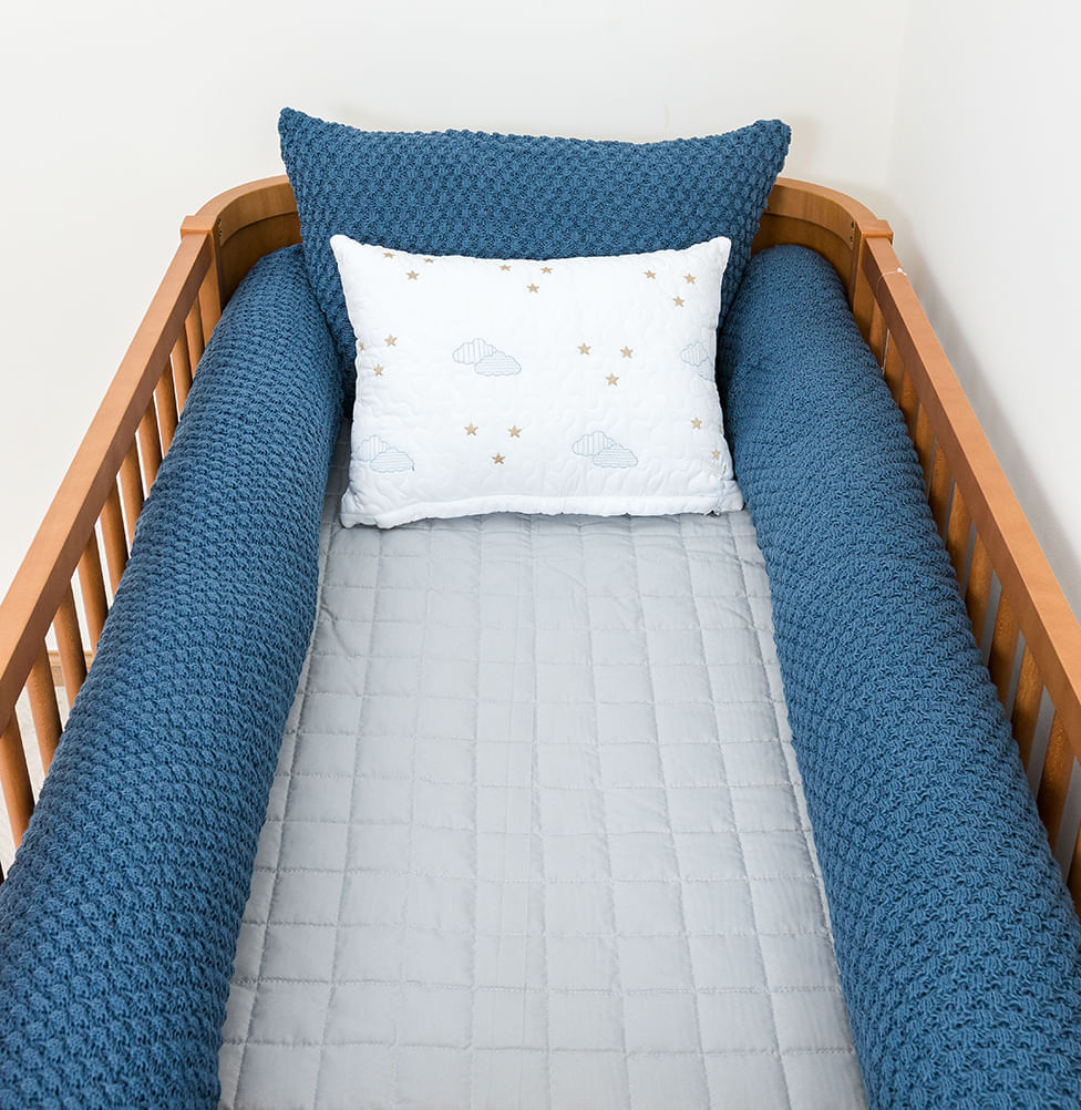 Kit Berço 5 Peças Colmeia Quadradinho com Bordado - Azul Jeans