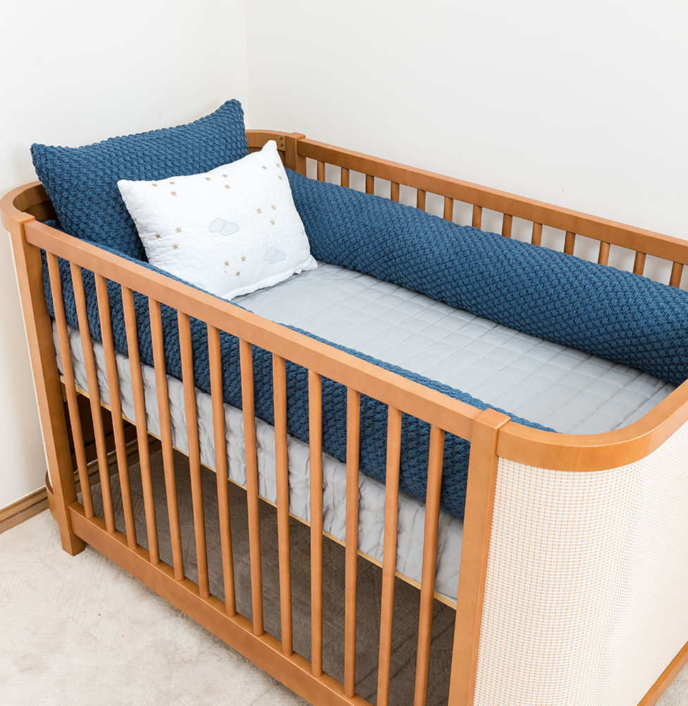 Kit Berço 5 Peças Colmeia Quadradinho com Bordado - Azul Jeans