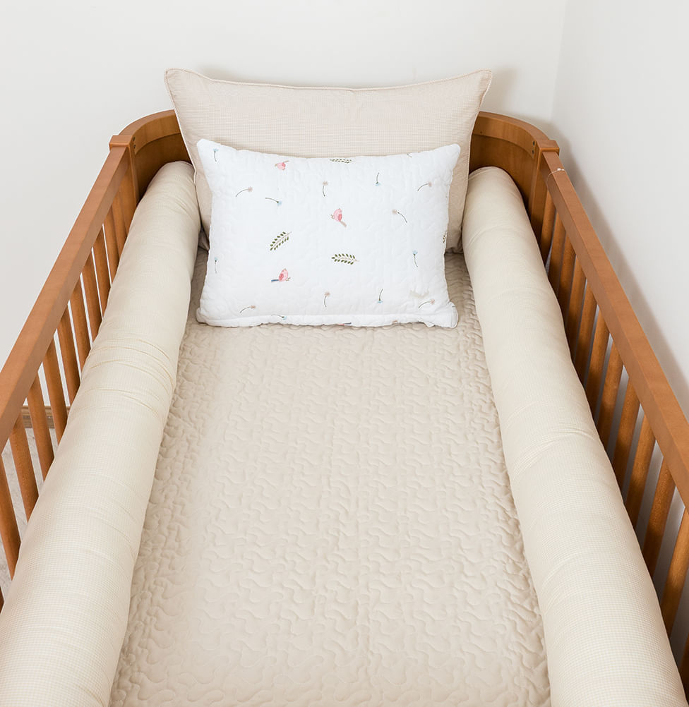 Kit Berço 5 Peças Xadrez Infinity Com Bordado Passarinho - Bege