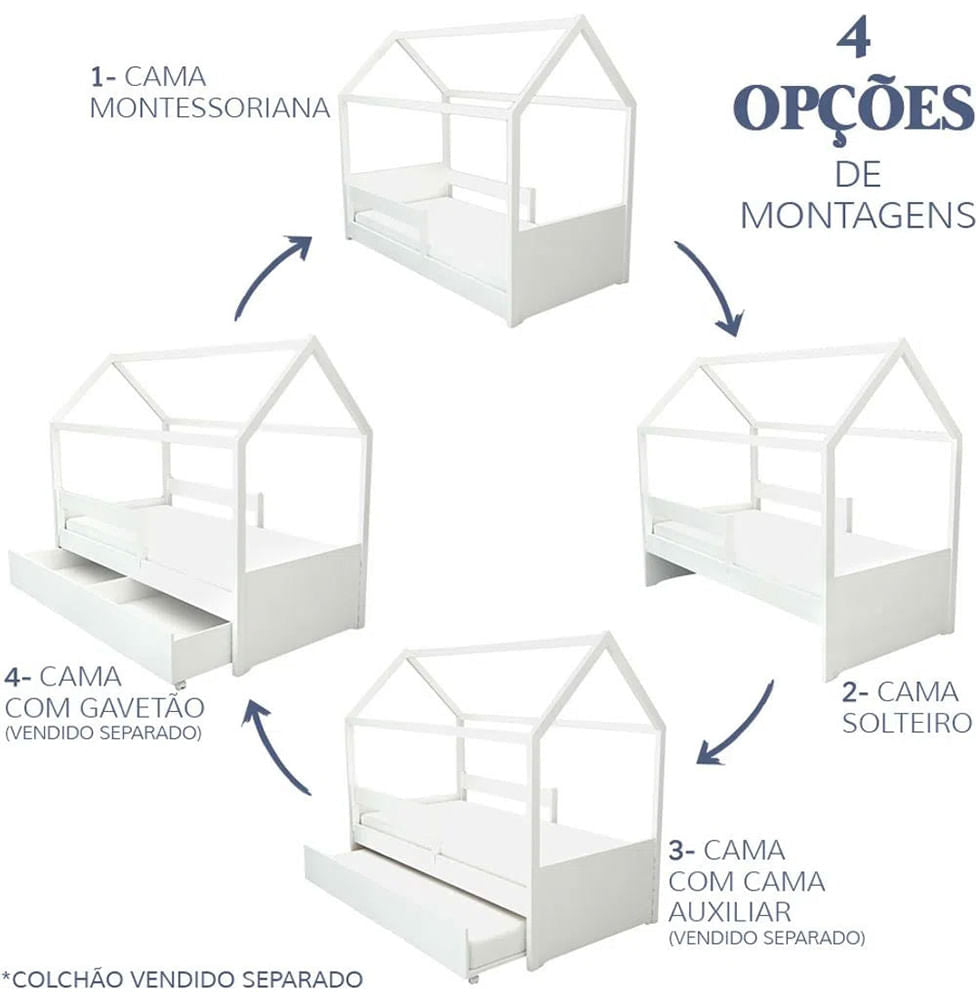 Cama Up 2 em 1 Com Casinha Montessoriana - Branco