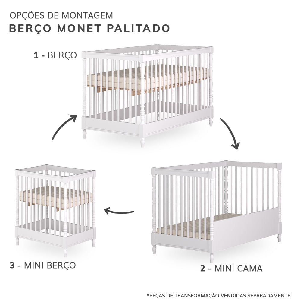 Berço Monet 3 em 1 Palitado - Branco