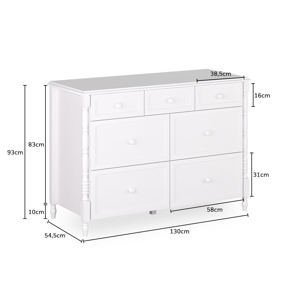 Cômoda de Bebê Monet 7 Gavetas 130cm - Branco