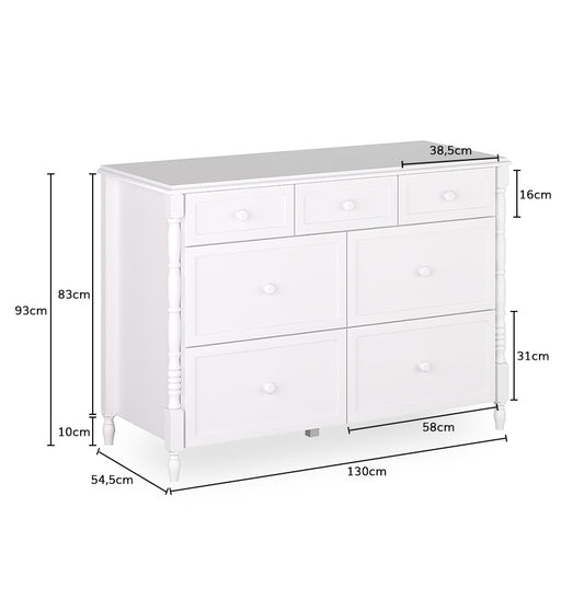 Cômoda de Bebê Monet 7 Gavetas 130cm - Branco