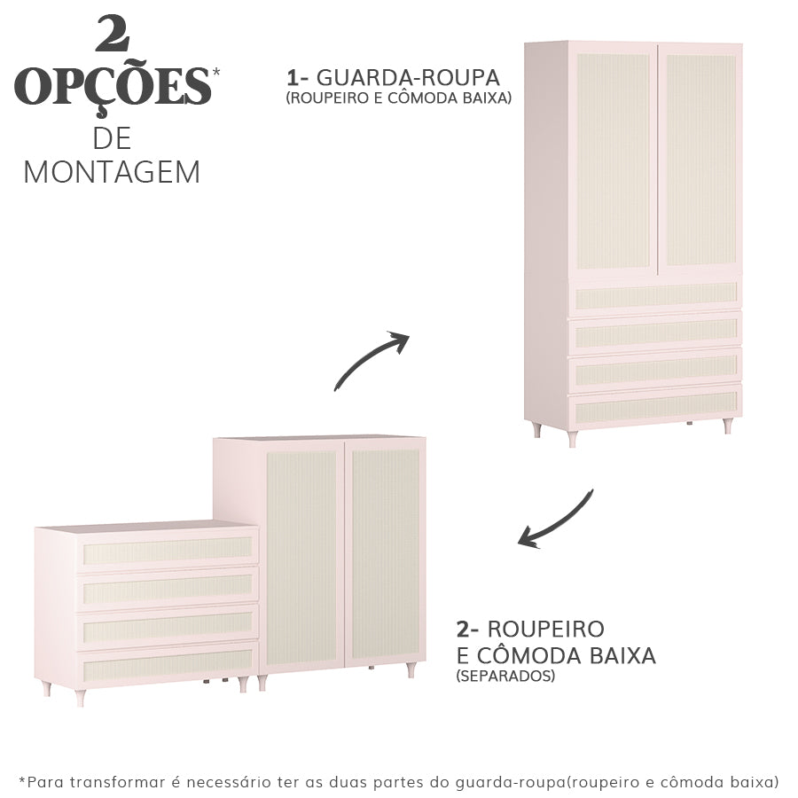 Guarda Roupa 2 em 1 Haus Nature Com Palha - Rosa