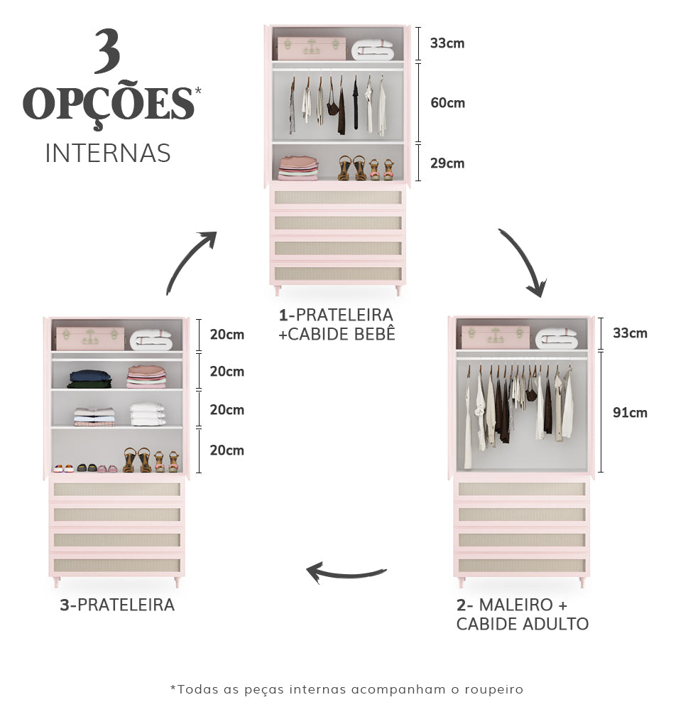 Guarda Roupa 2 em 1 Haus Nature Com Palha - Rosa