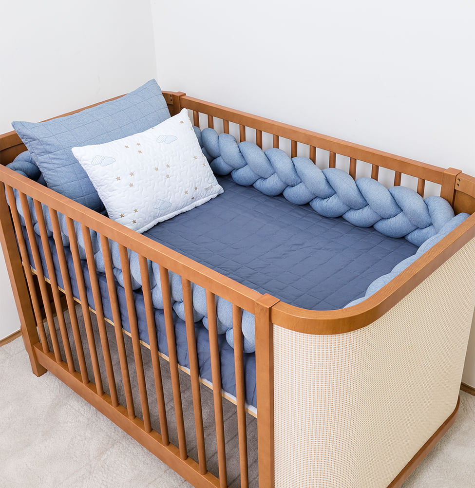 Kit Berço 5 Peças Quadradinho com Bordado Nuvem - Azul Jeans 