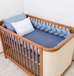 Kit Berço 5 Peças Quadradinho com Bordado Nuvem - Azul Jeans 