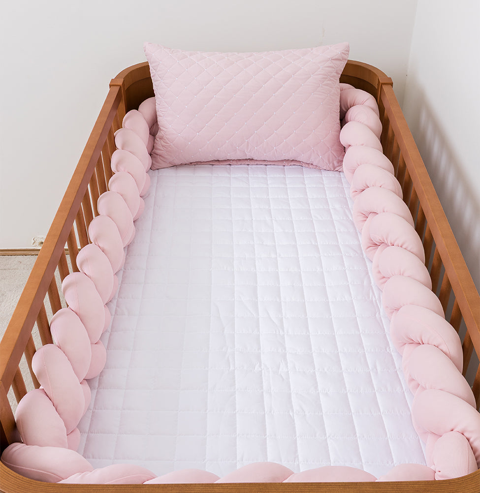 Kit Berço 5 Peças Quadradinho - Branco e Rosa Chá