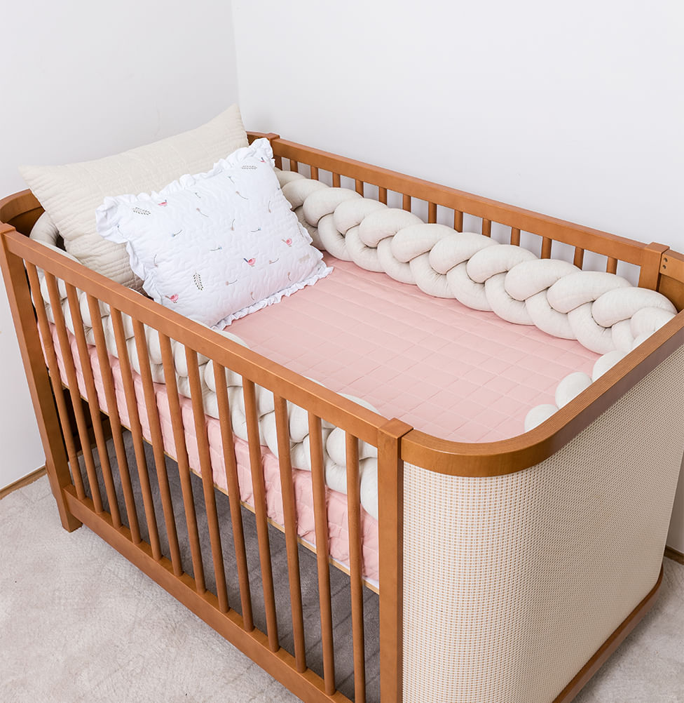 Kit Berço 5 Peças Quadradinho com Bordado Passarinho - Rosa Chá e Linho